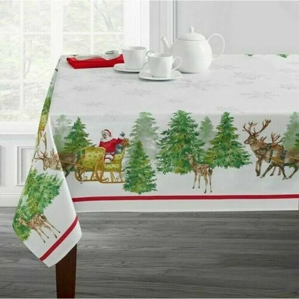 Christmas Santa's Sleigh Border Tablecloth Fabric 60x84 Oblong Jacquard Reindeer